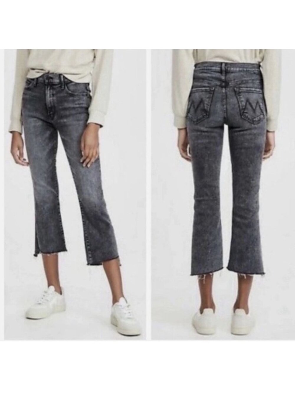 Mother The Insider Crop Step Fray Jeans Sz 31 Black Acid Wash Denim Edgy Grunge